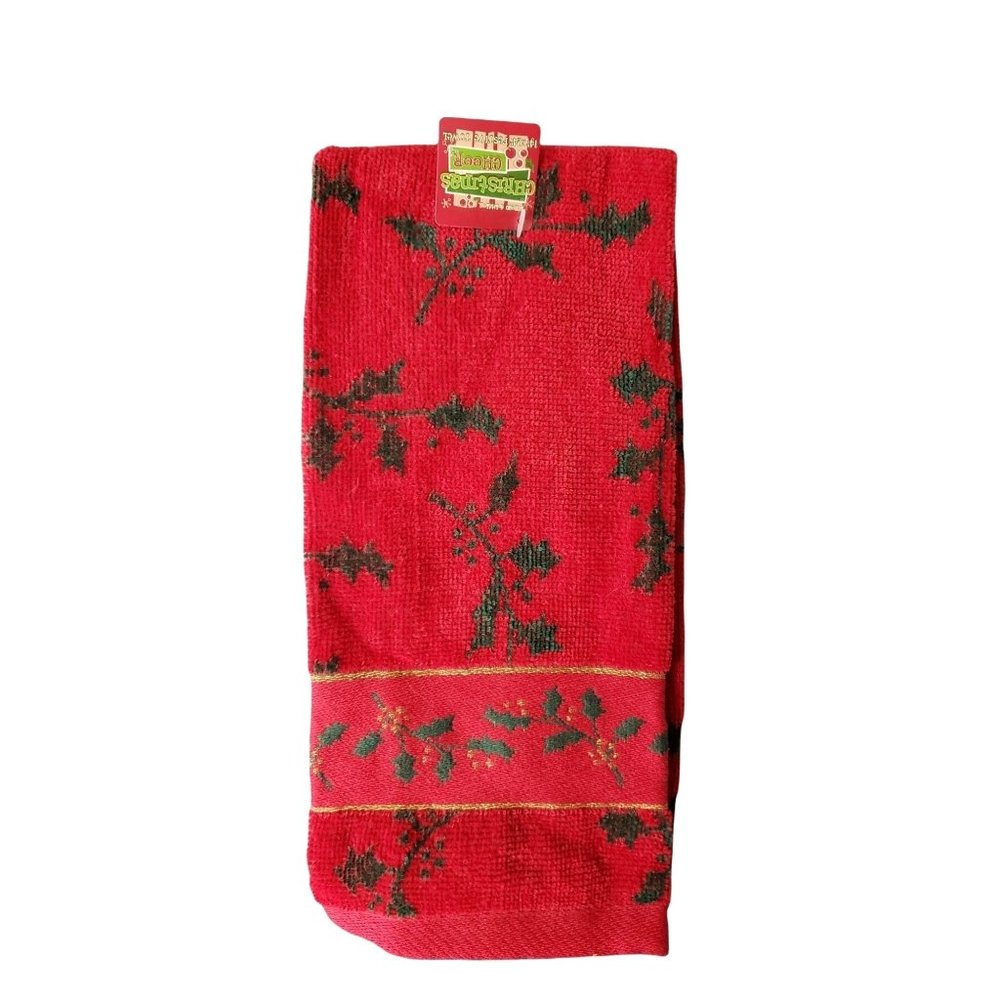 Peachtree Christmas Holly Festive embroidered Gold Red Kitchen‎ Hand towel